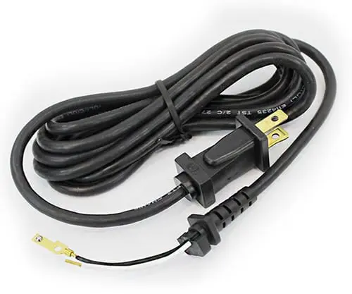 A black cord with a plug and a yellow end.