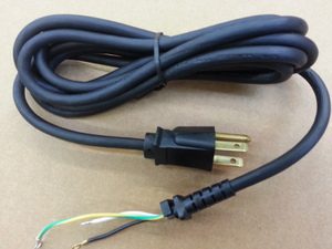 A black cord with two wires and one is plugged in.
