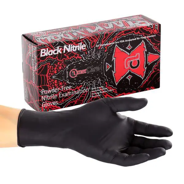 A box of black nitrile gloves is shown.