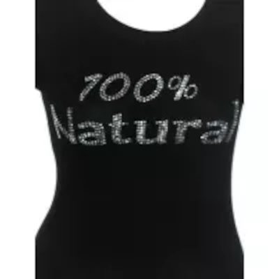 A black tank top with the word " natural " written in silver letters.