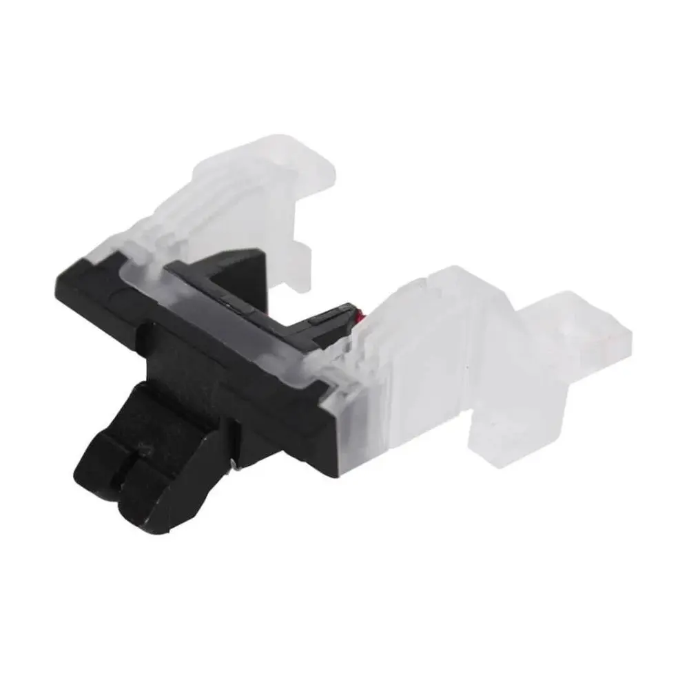 A black and white picture of a plastic clip.