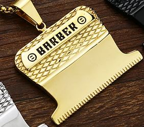 A gold plated barber shop razor blade necklace.