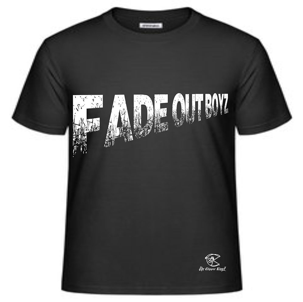 A black t-shirt with the words fade out boy written in white.