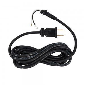 A black cord with an electrical plug and wire.