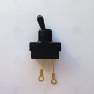 A black toggle switch with two gold colored wires attached.