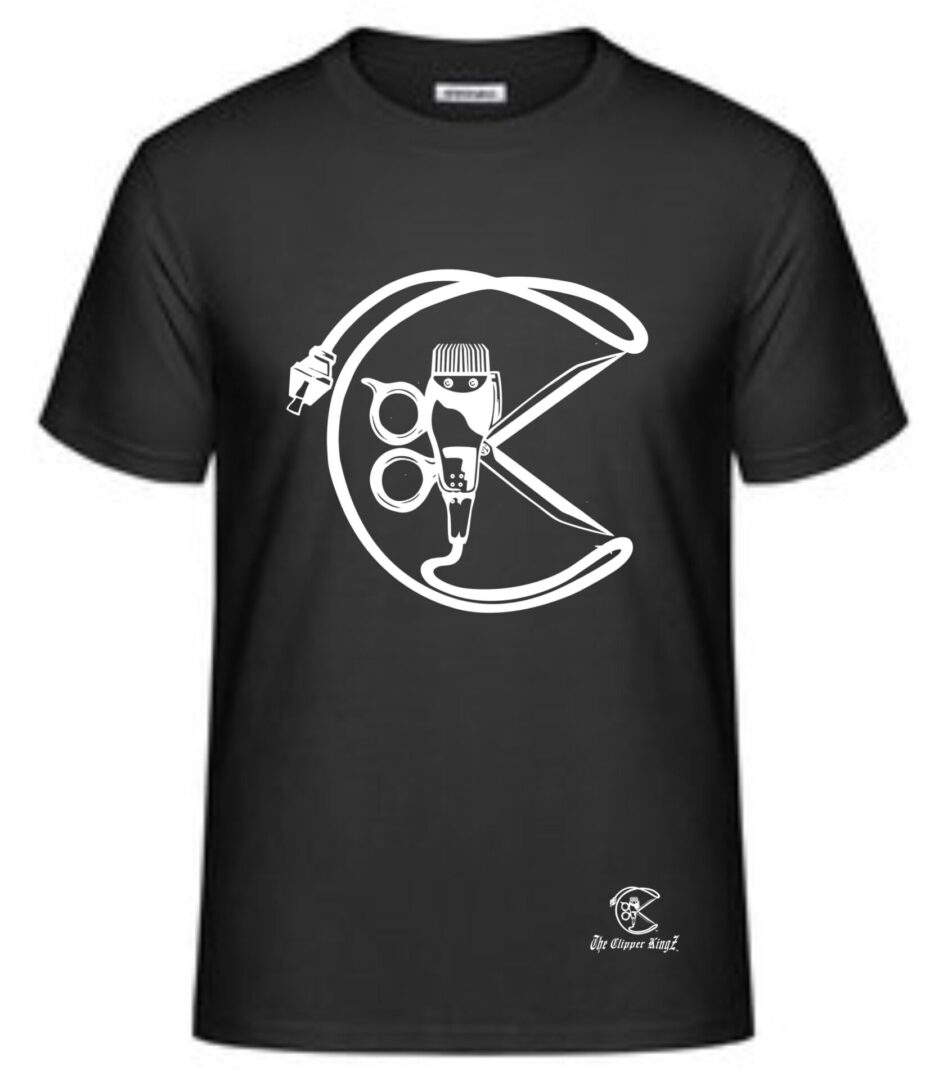 A black t-shirt with a white logo of a hair stylist.