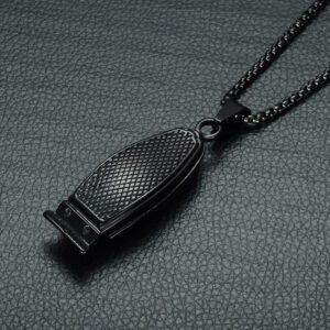 A black metal whistle on a chain.