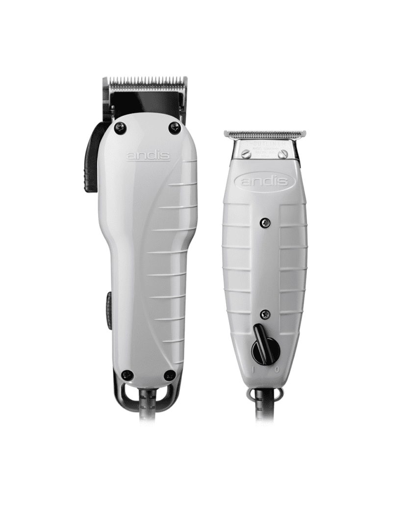 A white and black hair clippers on a white background