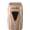 A gold electric razor with blue light on top of it.