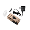 A gold and black device with charger, cord and ear piece.