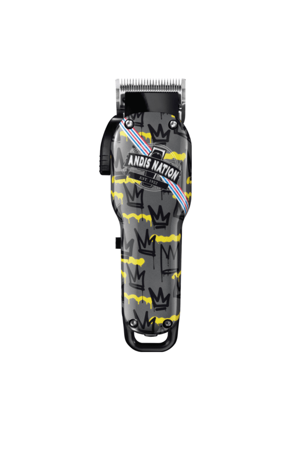 A black and yellow hair clipper with a crown design.