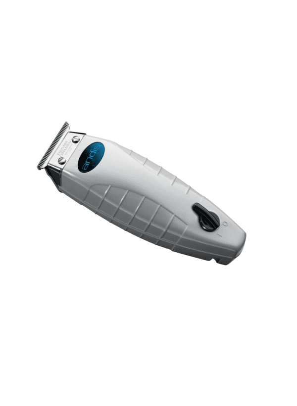 A white electric hair clipper with blue buttons.