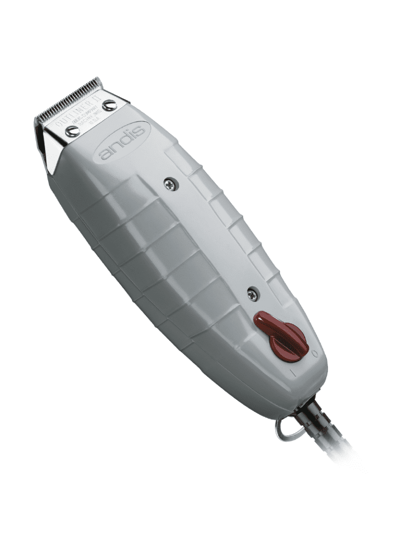 A white hair trimmer is shown with red buttons.