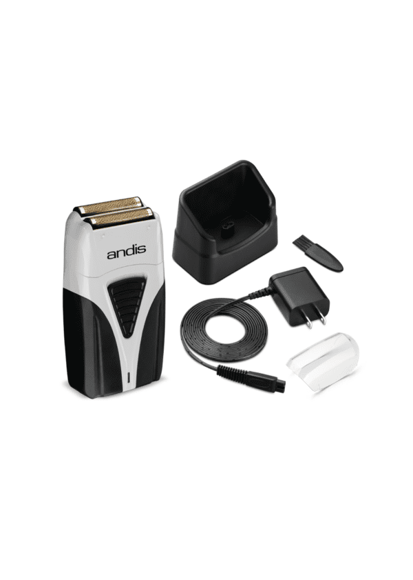 A black and white electric razor with accessories.