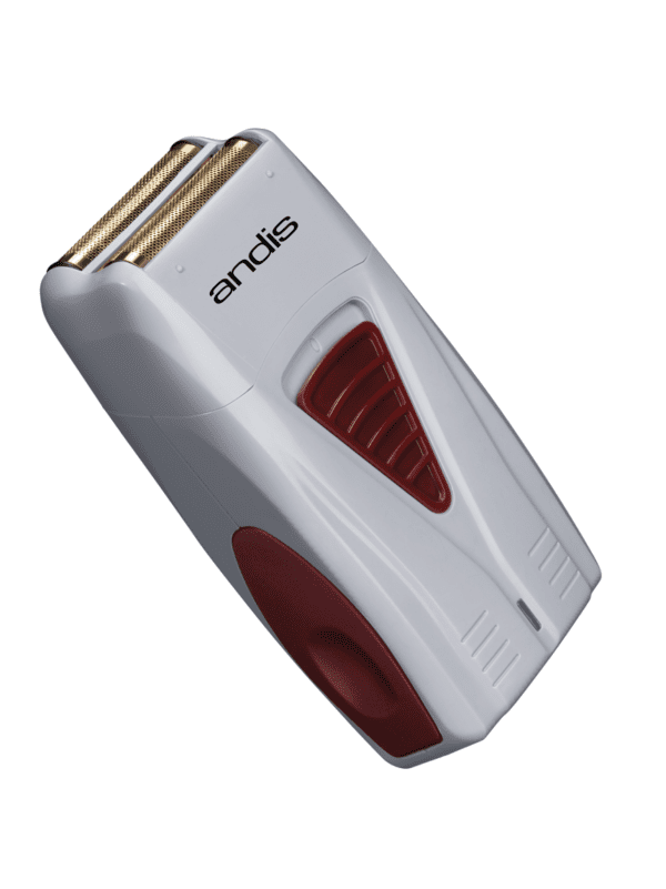 A white and red electric razor is sitting on top of the floor.