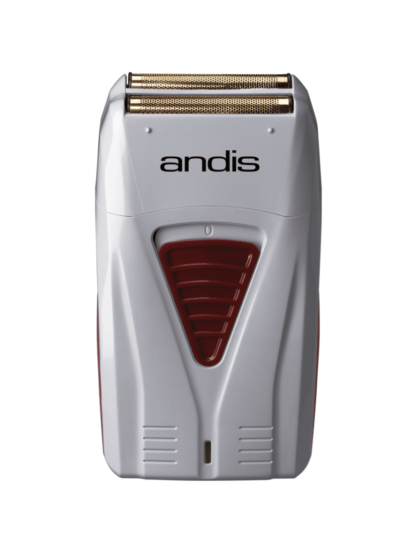 A silver and red electric razor on top of a white background.