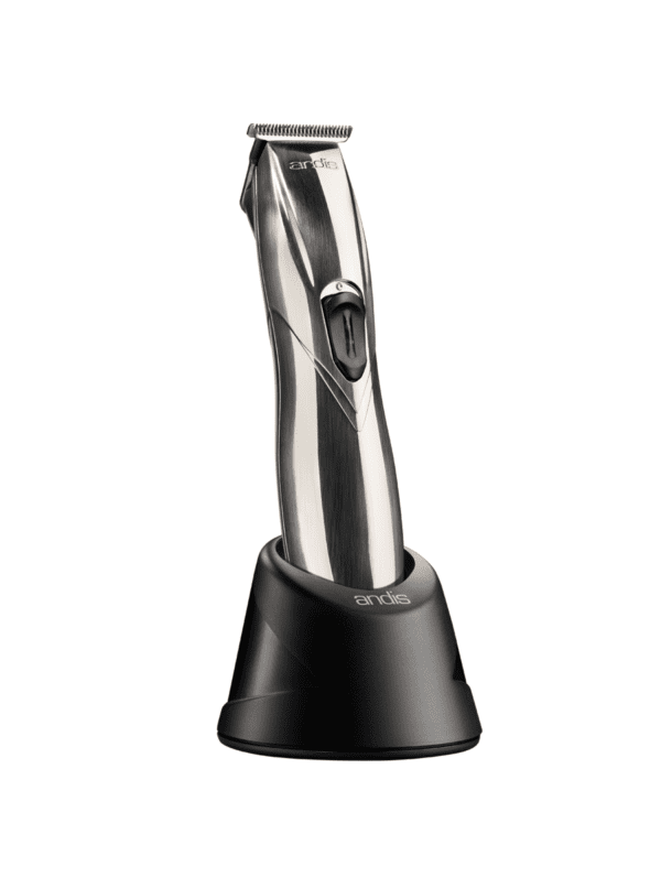 A black and silver electric hair trimmer on top of a stand.