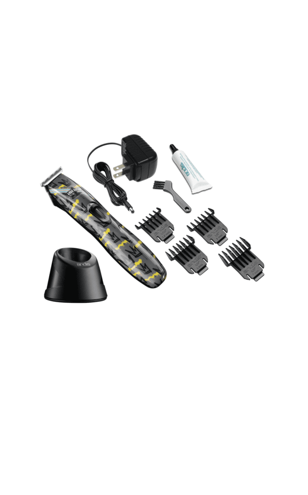 A black and yellow electric hair clipper with several attachments.
