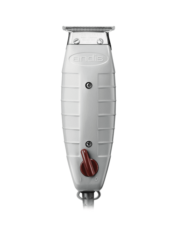 A white electric hair clipper with red buttons.