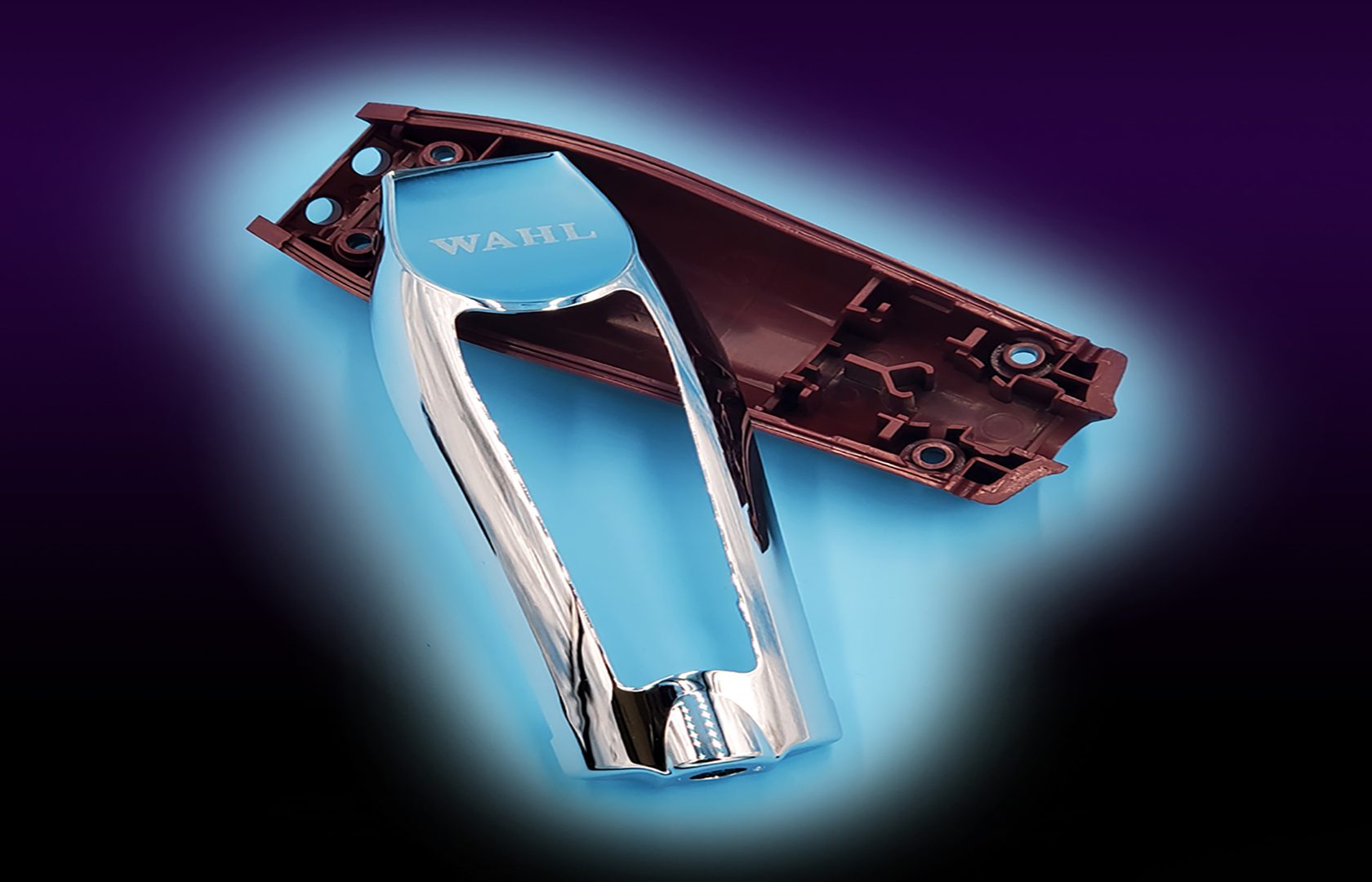A chrome plated handle with a blue background