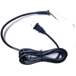 A black cord with two white plugs and one black plug.