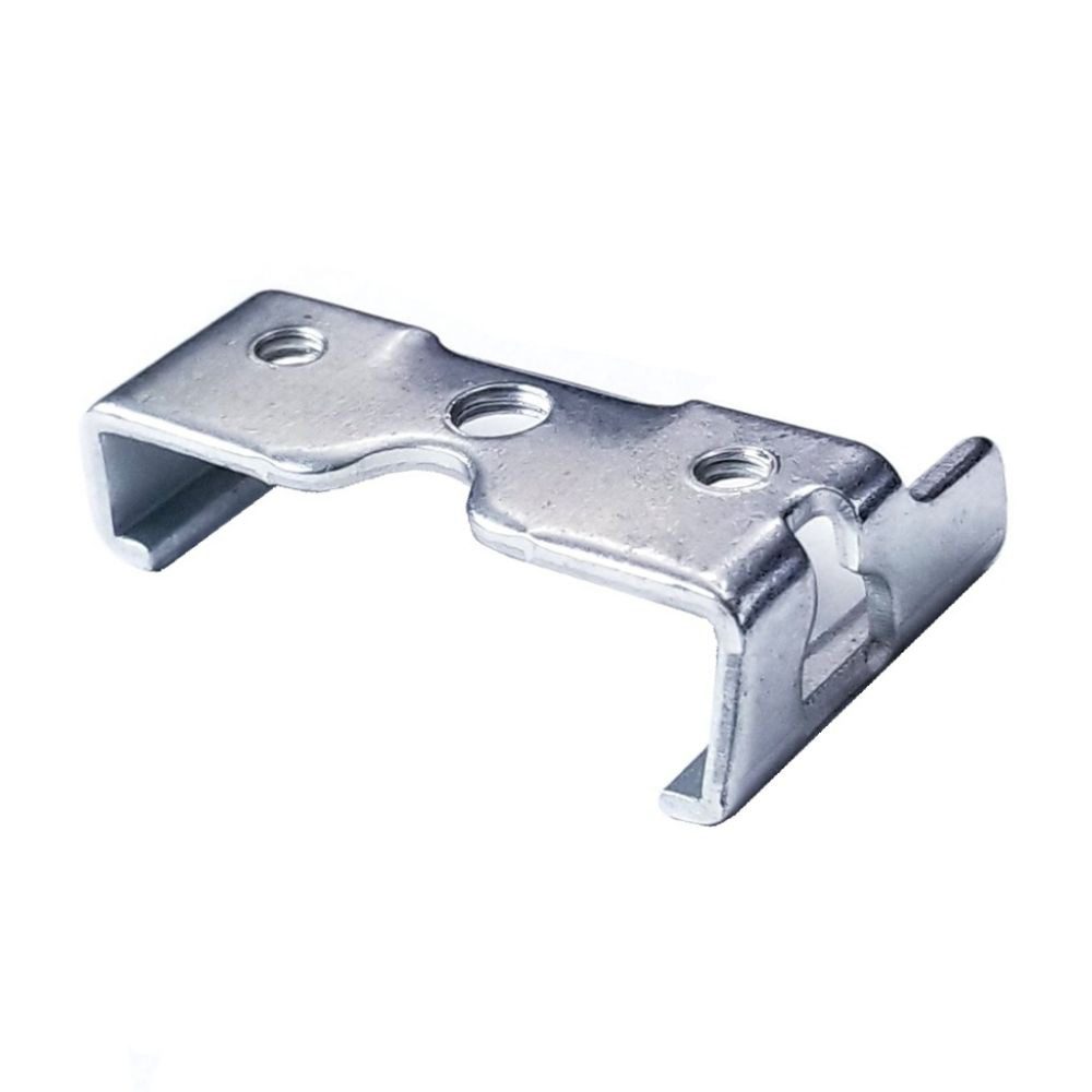 A metal bracket with two holes for mounting on the side of a wall.