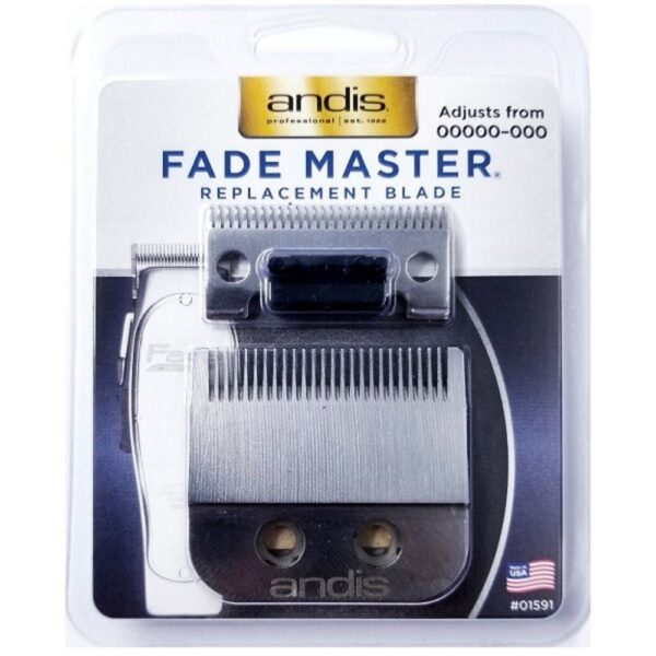 A package of an andis fade master blade.