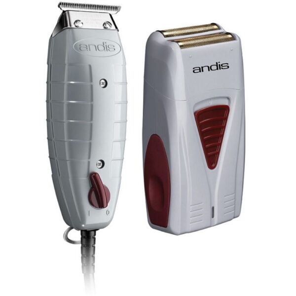 A white and red electric razor and trimmer.