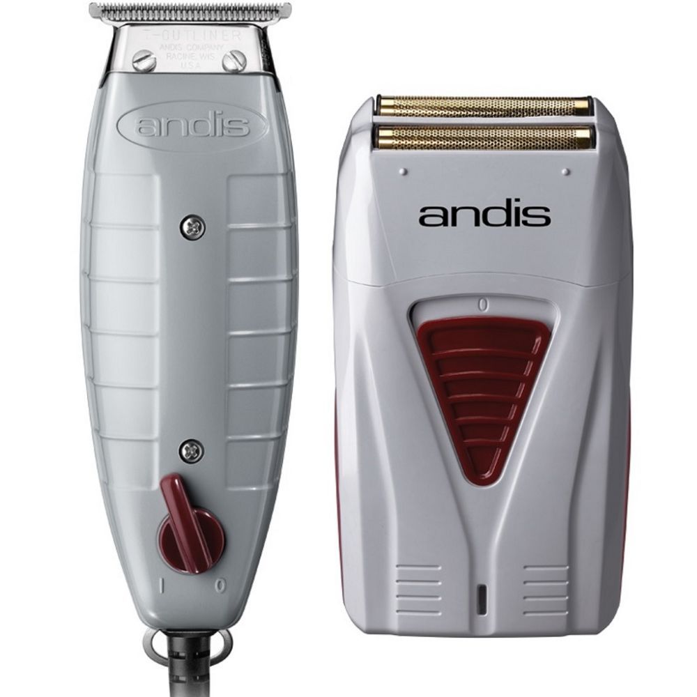A silver and red electric razor next to an electric shaver.