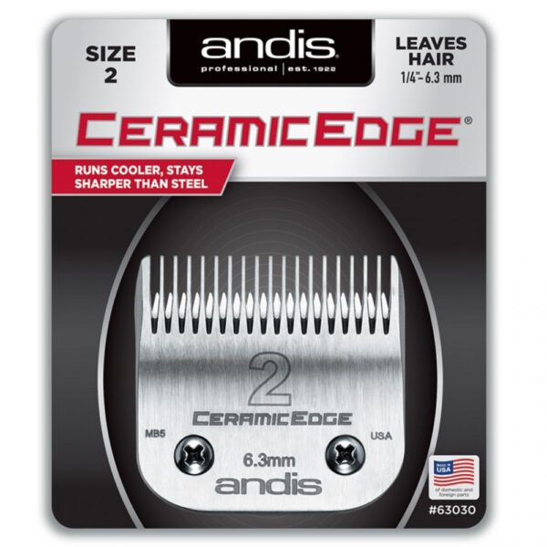 A close up of the package for an andis ceramic edge clipper blade