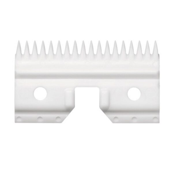 A white plastic comb with two holes in it.