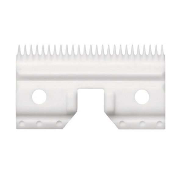 A white plastic comb with two holes in it.