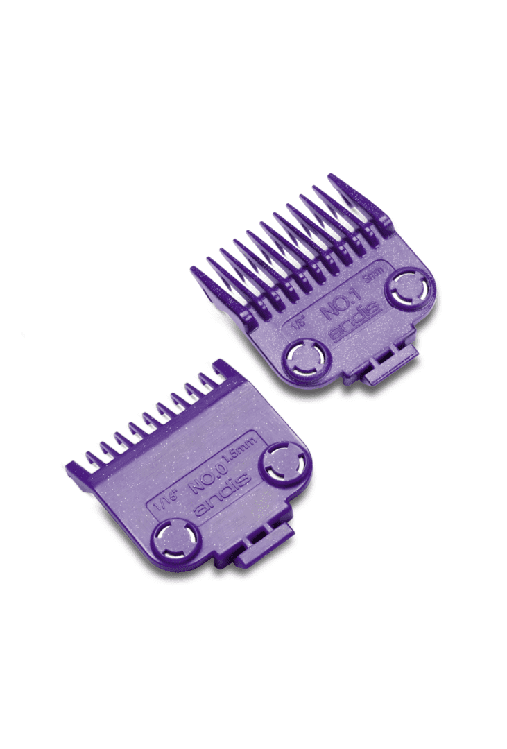 A pair of purple combs are sitting on top of each other.