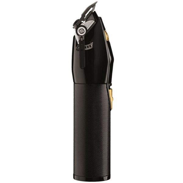 A black pen with a white tip and a gold clip.
