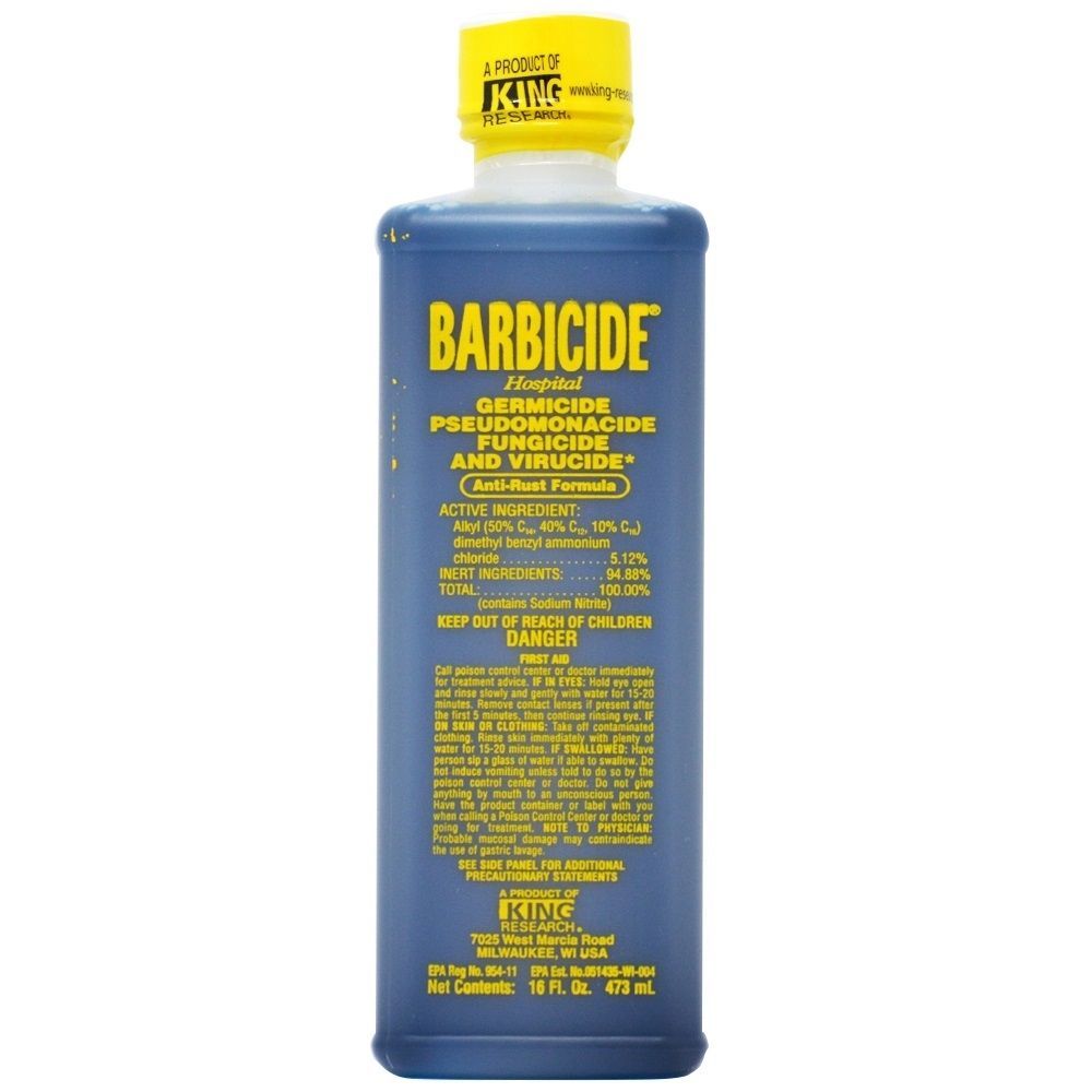 A bottle of barbicide is shown.