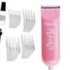A pink hair trimmer with four different attachments.