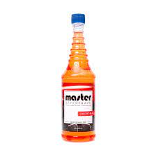 A bottle of orange liquid with the label " master ".