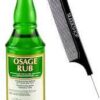A bottle of osage rub next to a comb.