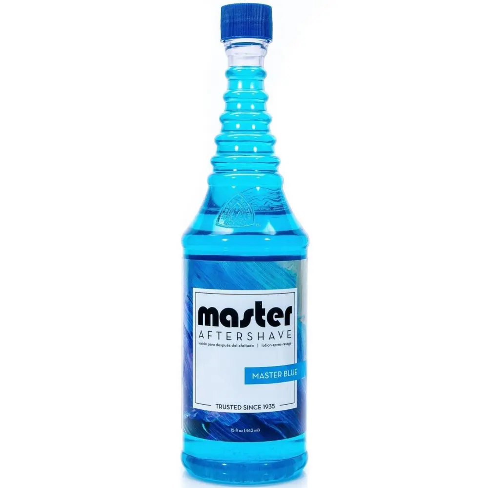 A bottle of blue liquid with the label " master ".