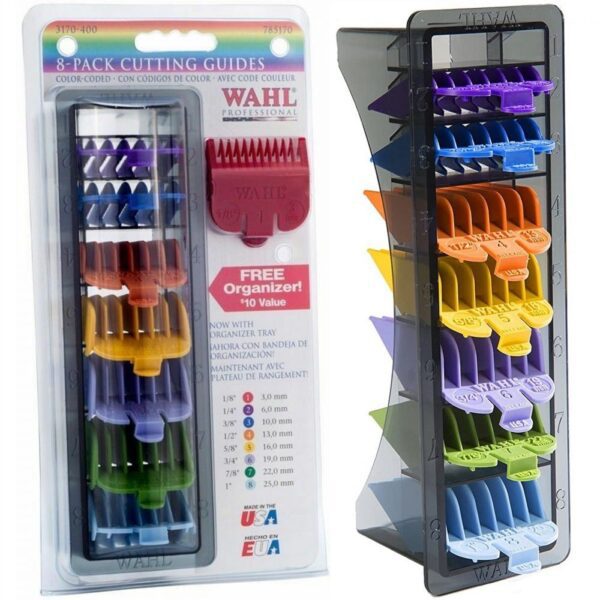 A display case with different colored combs in it.