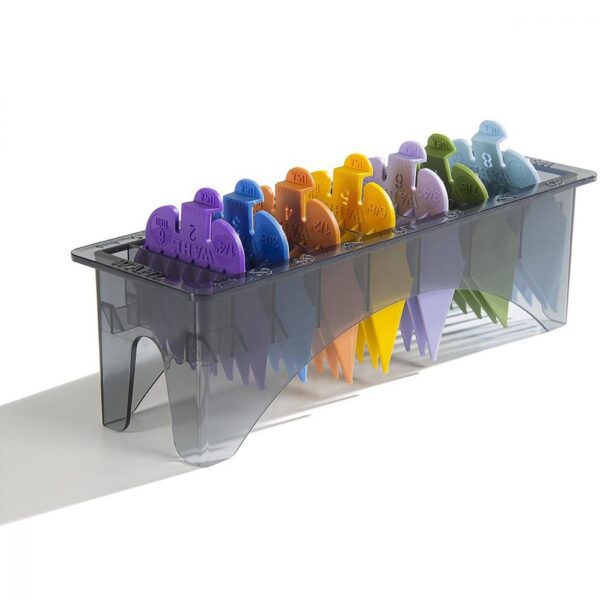 A plastic container with many different colored forks.