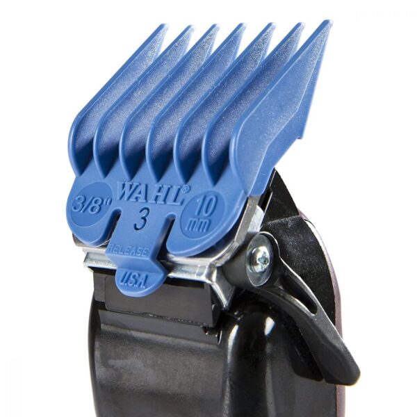 A blue comb holder with six blades for hair cutting.