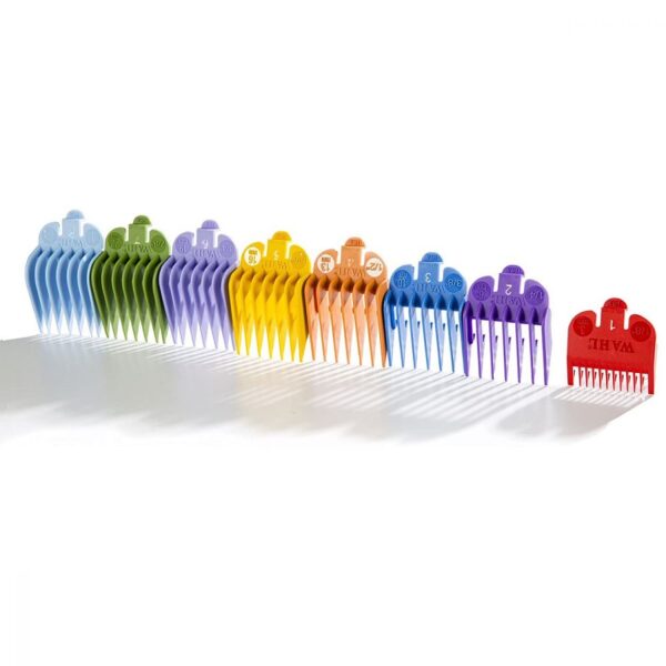 A row of different colored combs lined up in a row.
