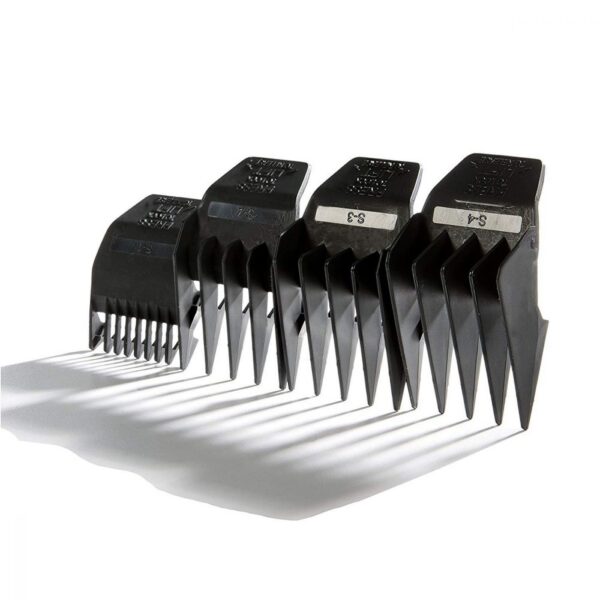 A row of different sized black combs on top of each other.