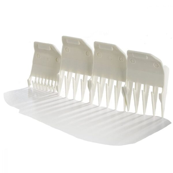 A white plastic rack with four different sized forks.