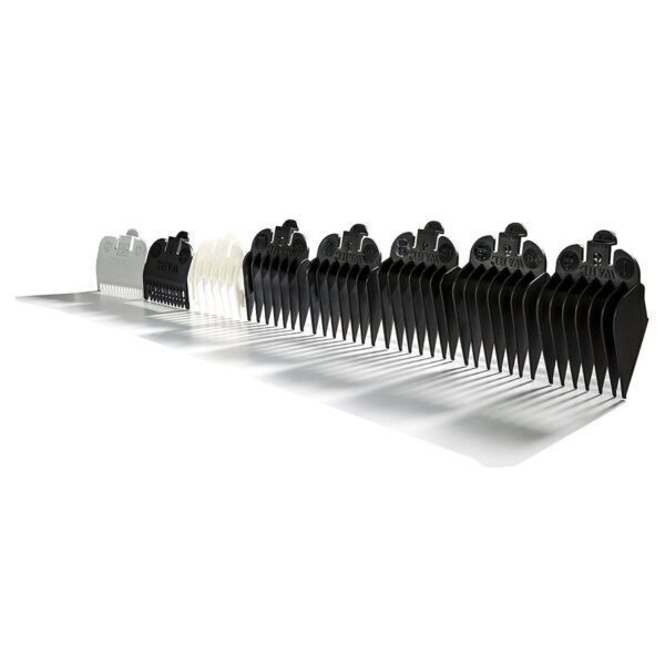 A row of black and white combs on top of each other.