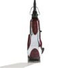A red and white electric hair clipper sitting on top of a table.