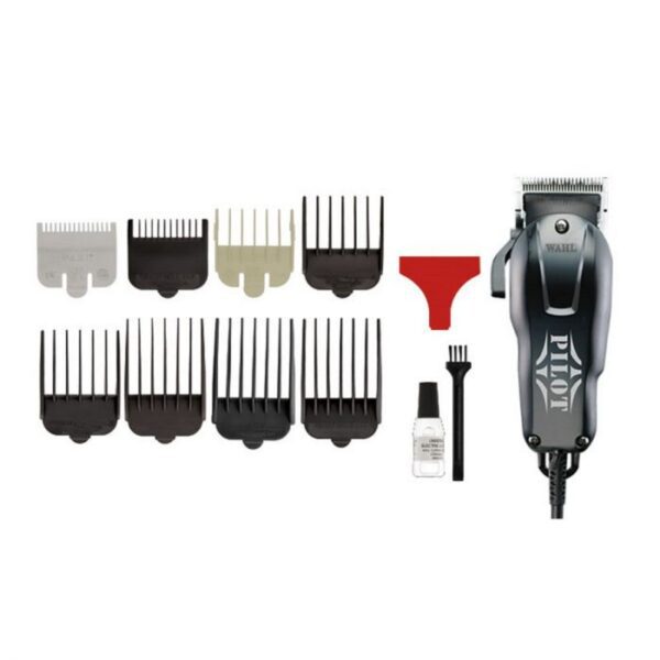 A black and silver hair clipper with lots of different blades.