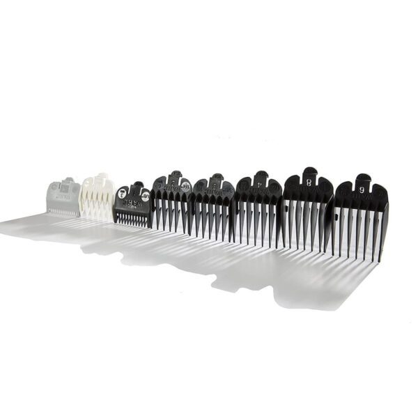 A row of combs are lined up in rows.