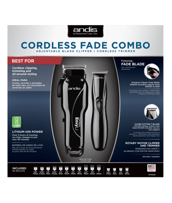 A package of an electric hair clipper and cordless fade combo.